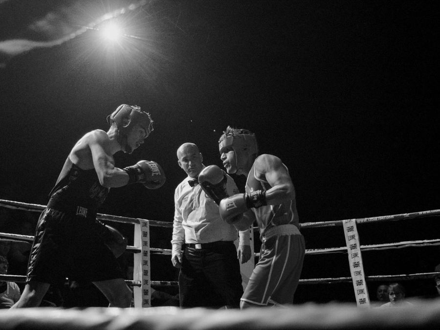 Two boxers in the ring with the referee
